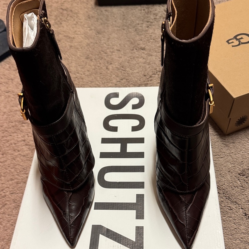 SCHUTZ Dark Brown Croc-Embossed Pointed Toe Heeled Ankle Boots